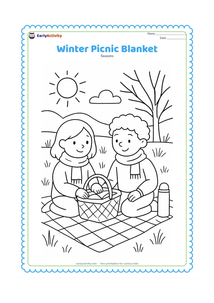 Colouring page: Two friends sit on a patterned blanket in a sunny winter meadow, sharing a basket and wearing sweaters and scarves. Add dry grasses, a bare tree, distant hills and a thermos without labels.
