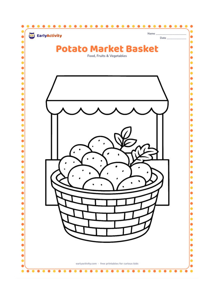 Colouring page: Show a woven market basket filled with potatoes at a local Indian vegetable stall, with a few leafy stems and a simple stall canopy behind it. Do not add signs or writing.