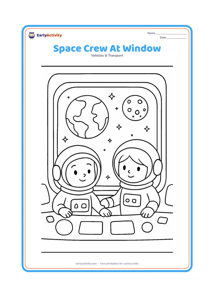 Colouring page: Draw two friendly astronauts inside a spacecraft looking through a large window at Earth, the Moon and scattered stars, with simple control shapes around them.