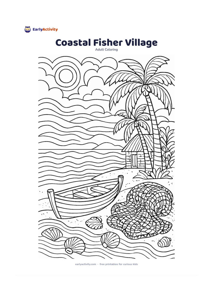 Colouring page: A small fishing boat rests on a sandy shore beside coiled nets, seashells, palm trees and calm waves, with a village hut in the background. Separate the boat boards, net loops, shells,…