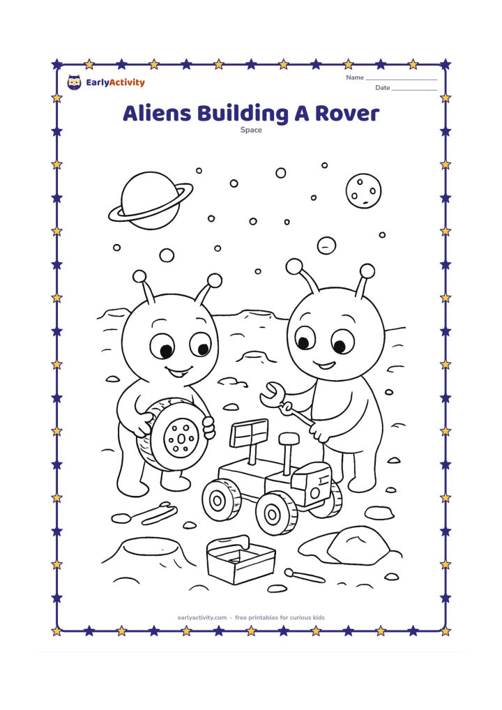 Colouring page: Draw two friendly aliens assembling a small moon rover beside an open toolbox, with one holding a wheel and the other using a simple wrench. Set the scene among craters, rocks, and…