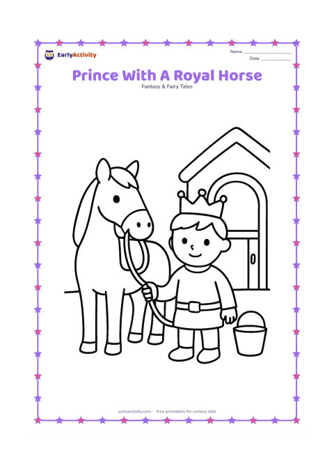 Colouring page: A prince stands next to a calm horse and holds its lead rope. Show a simple saddle, a crown on the prince, a stable doorway, and a small bucket.