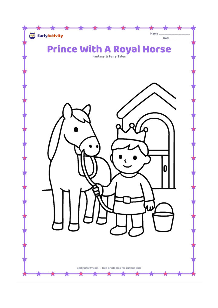 Colouring page: A prince stands next to a calm horse and holds its lead rope. Show a simple saddle, a crown on the prince, a stable doorway, and a small bucket.