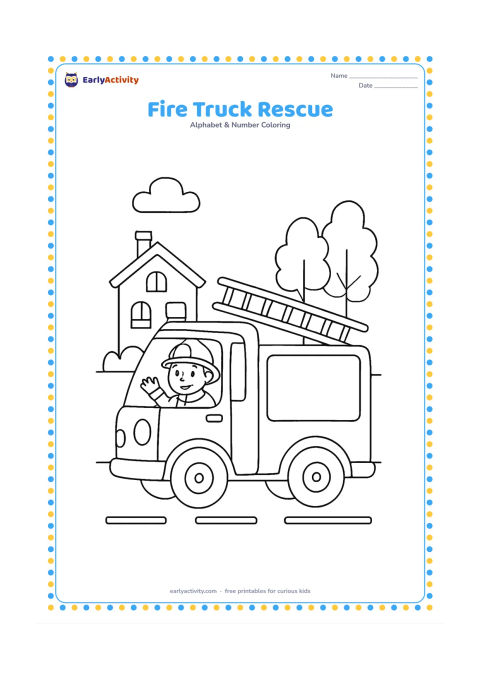 Colouring page: Draw a friendly fire truck driving along a street with a firefighter waving from the cab, a ladder, rounded wheels and a small tree-lined building behind it. Keep the vehicle's side…