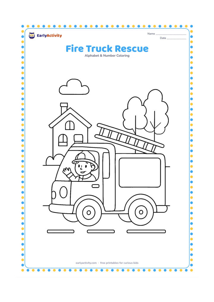 Colouring page: Draw a friendly fire truck driving along a street with a firefighter waving from the cab, a ladder, rounded wheels and a small tree-lined building behind it. Keep the vehicle's side…