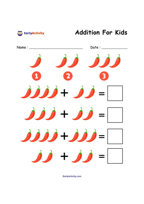 Worksheet showing red pepper pictures in addition sums, with blank boxes for children to write the answers.