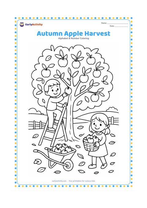 Colouring page: Draw two children gathering apples into baskets beneath a full apple tree. Include a low wooden ladder, fallen leaves, a wheelbarrow, and distant farm fields.