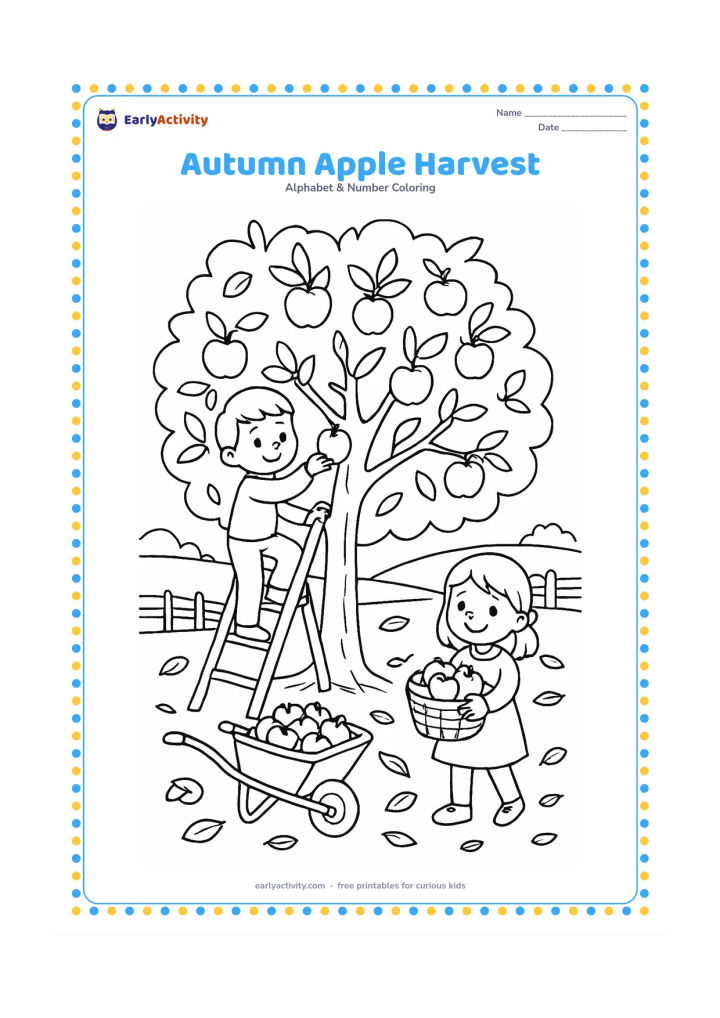 Colouring page: Draw two children gathering apples into baskets beneath a full apple tree. Include a low wooden ladder, fallen leaves, a wheelbarrow, and distant farm fields.