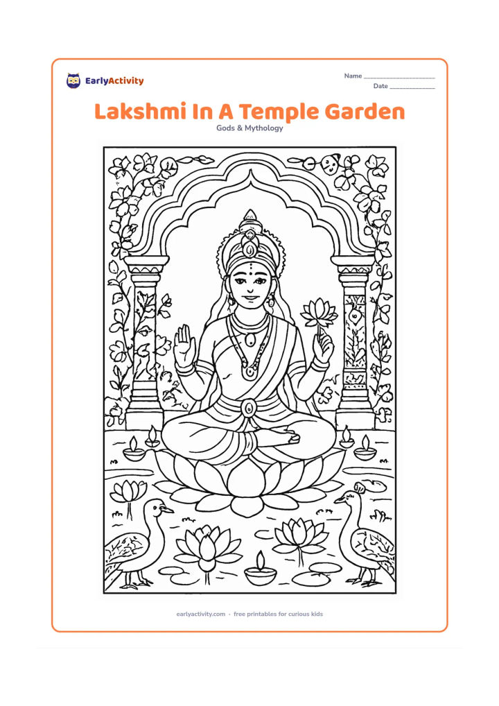 Colouring page: Draw Goddess Lakshmi seated beneath an ornamental arch in a garden courtyard, surrounded by lotus ponds, flowering vines, carved-looking pillars, diyas, and two peacocks. Keep the…