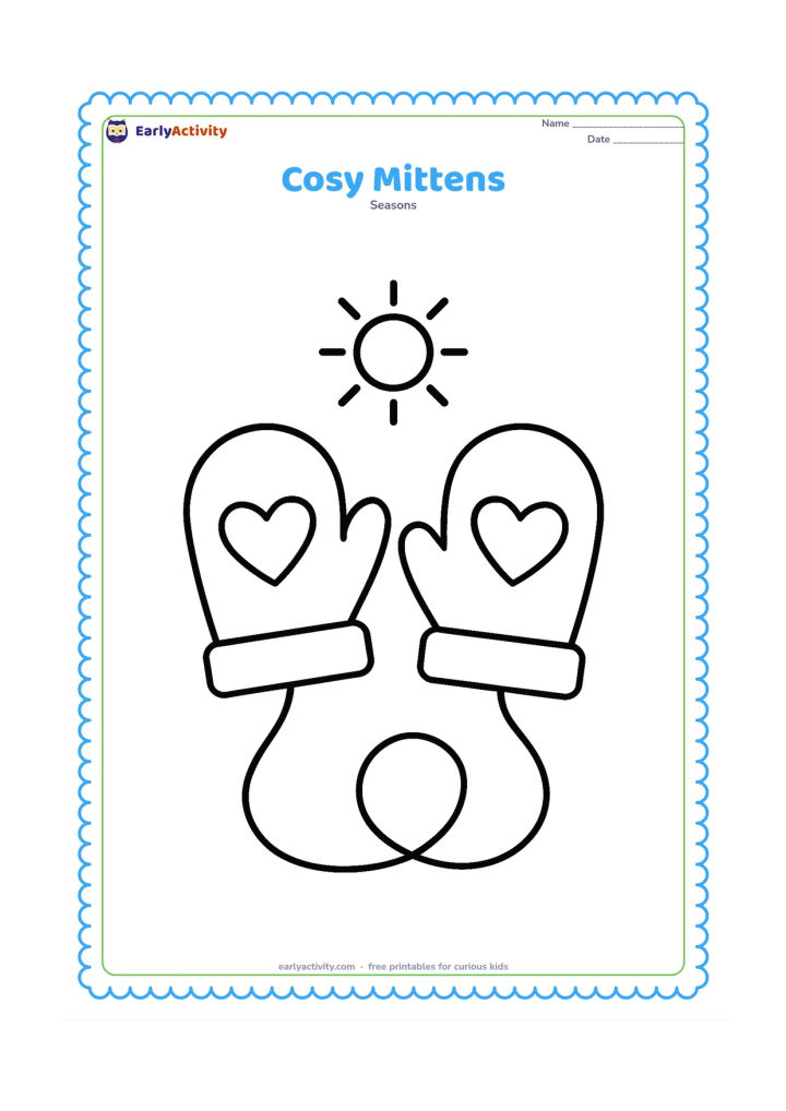 Colouring page: Two large matching mittens joined by a curved cord, with simple heart-shaped decoration areas and a small winter sun behind them. Keep the composition front-facing and clear.