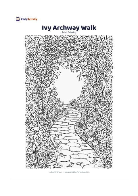 Colouring page: Show a garden walkway passing through an ivy-covered arch, with climbing roses, winding tendrils, fallen leaves, and small flowers along both sides. Include dappled afternoon light…