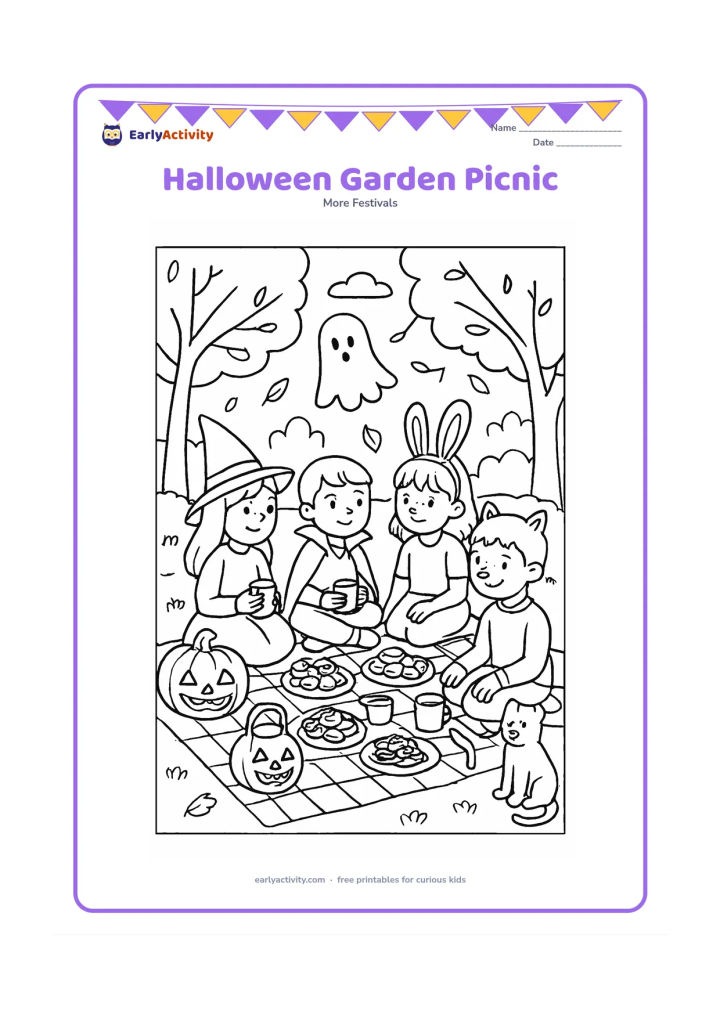 Colouring page: Draw a group of children having a calm Halloween picnic in a garden, with a cloth covered in treats, pumpkins, costume masks, and cups. Add a friendly ghost-shaped decoration, a cat,…