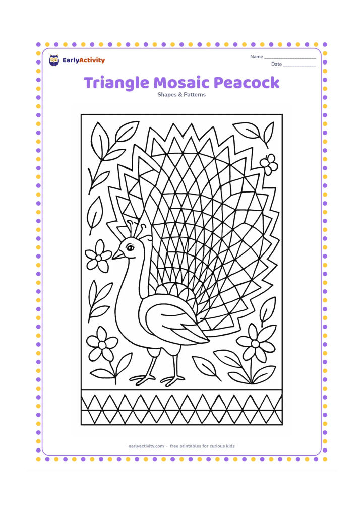 Colouring page: A proud peacock fills most of the page, with its tail composed of many nested triangles, alternating upright and upside-down. Surround it with leaves, flower shapes, and a low patterned…