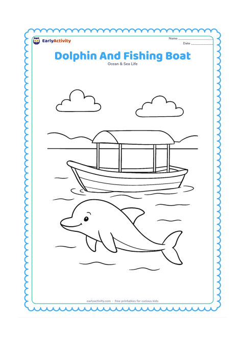 Colouring page: Draw a dolphin swimming beside a small traditional fishing boat with a canopy, floating gently on calm water. Add a distant shoreline, a few clouds, and simple ripples around the boat.