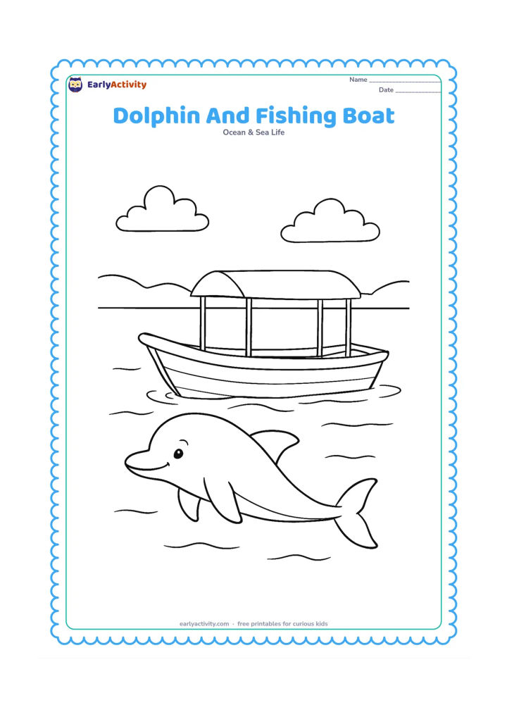 Colouring page: Draw a dolphin swimming beside a small traditional fishing boat with a canopy, floating gently on calm water. Add a distant shoreline, a few clouds, and simple ripples around the boat.
