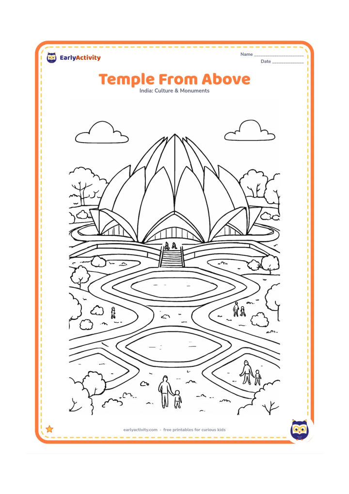 Colouring page: Draw the Lotus Temple from a gently elevated viewpoint, showing the flower-shaped roof, concentric garden paths, multiple reflecting pools, lawns, trees, and small visitors around the…
