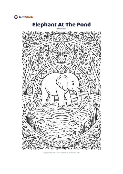 Colouring page: Place a friendly elephant in the centre of a circular pond-inspired mandala, with its trunk lowered toward the water. Add repeating lotus petals, reeds, ripples, small fish, and leafy…