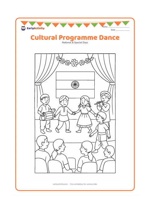 Colouring page: Draw a school cultural programme with children in varied Indian regional outfits performing a circle dance around a central Indian flag. Include musicians with a drum and flute, stage…