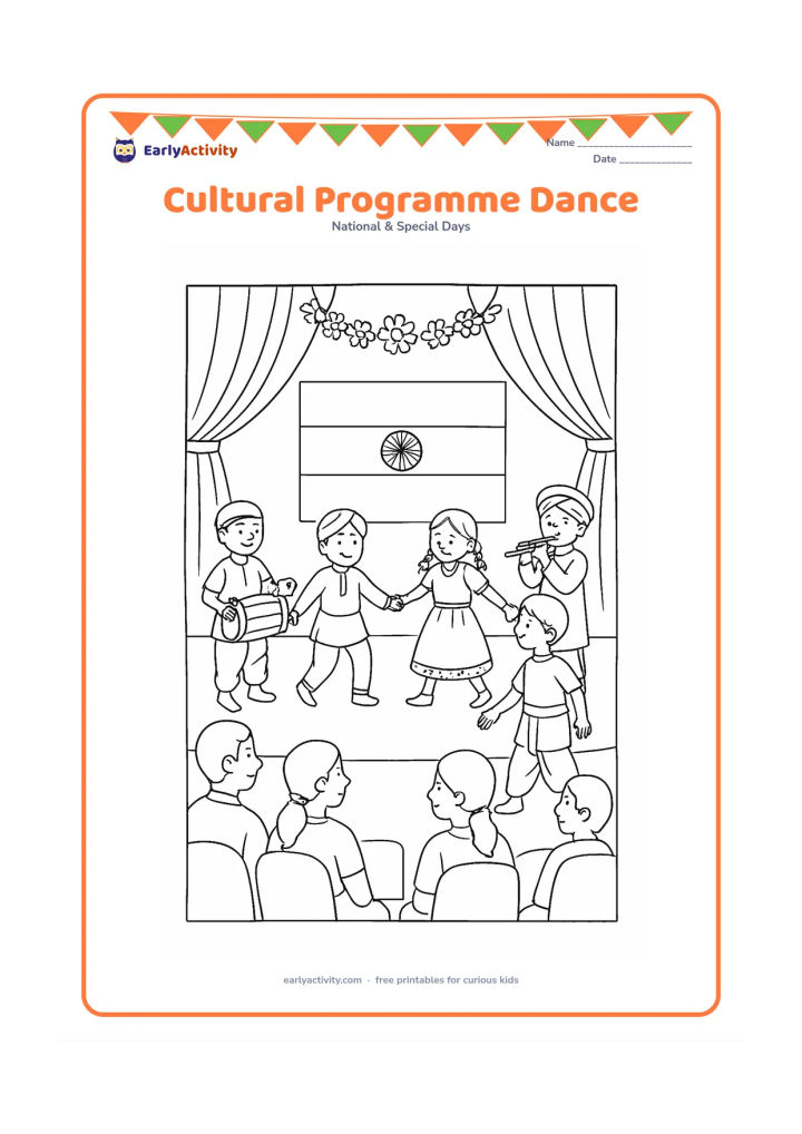 Colouring page: Draw a school cultural programme with children in varied Indian regional outfits performing a circle dance around a central Indian flag. Include musicians with a drum and flute, stage…