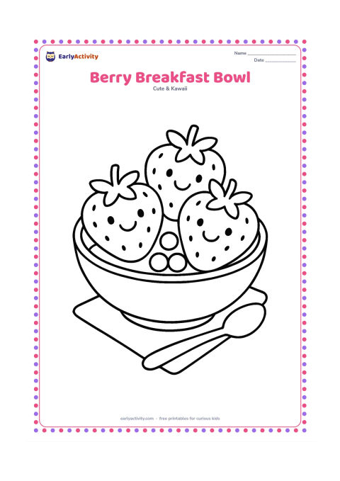 Colouring page: Draw a wide bowl filled with three large smiling strawberries and a few round berries, with a spoon resting beside it. Include a simple napkin shape underneath.