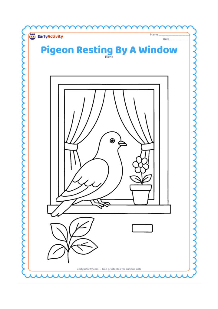 Colouring page: A pigeon rests on the outer sill of a home window with folded wings. Add curtains visible inside, a flower pot, and a leafy plant outside, with no markings on the window.