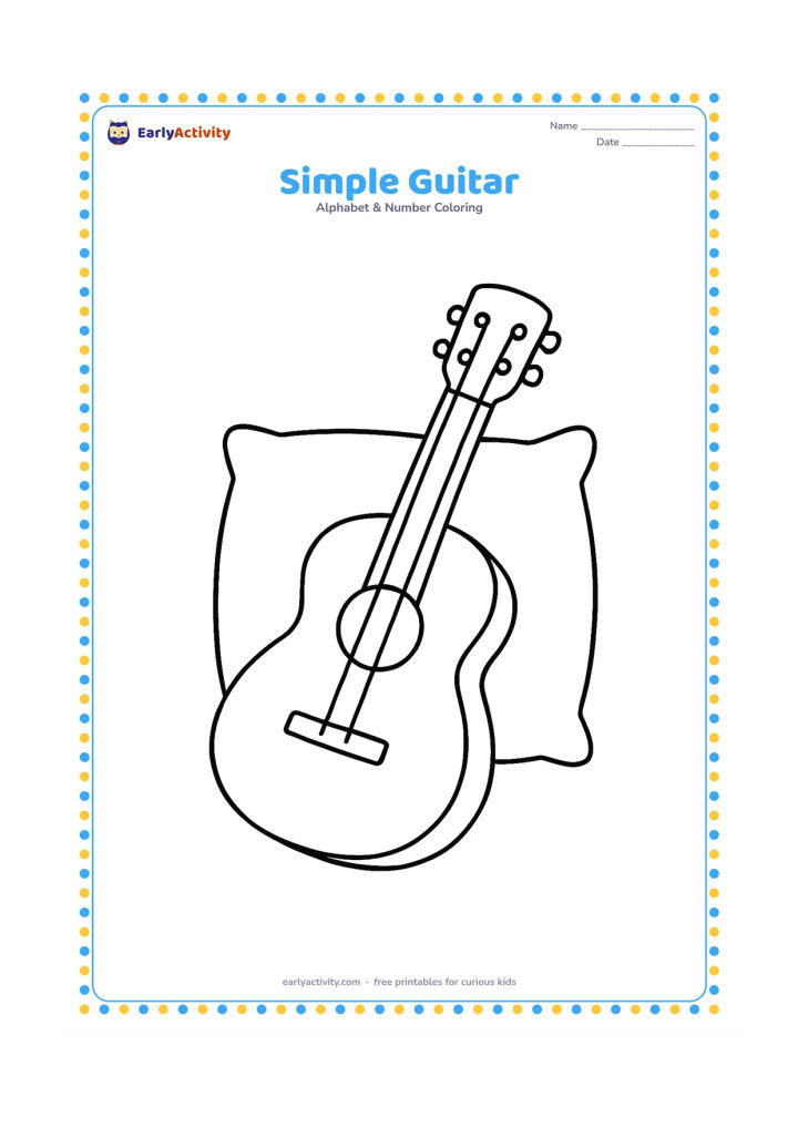 Colouring page: A child-sized guitar leans against a cushion, showing its rounded body, neck, bridge, and a few large strings. Keep the instrument centered and fully visible.