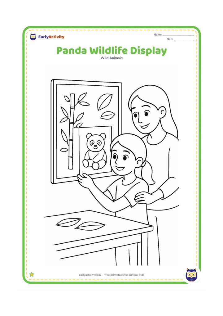 Colouring page: Draw an Indian child arranging a finished panda picture on a small home or classroom wildlife display board, with bamboo drawings, leaf cut-outs, a table and a friendly adult nearby. The…