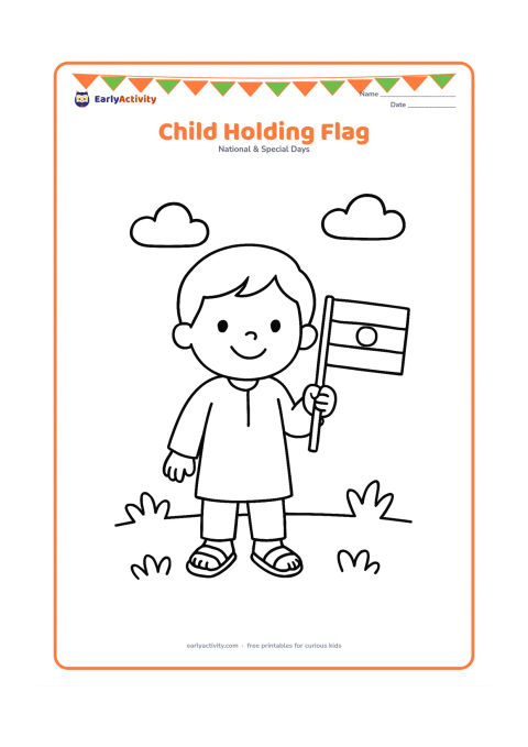 Colouring page: Draw a smiling young child standing and holding a small Indian flag upright. Include simple sandals, a plain kurta, two clouds and a few rounded grass tufts in the background.