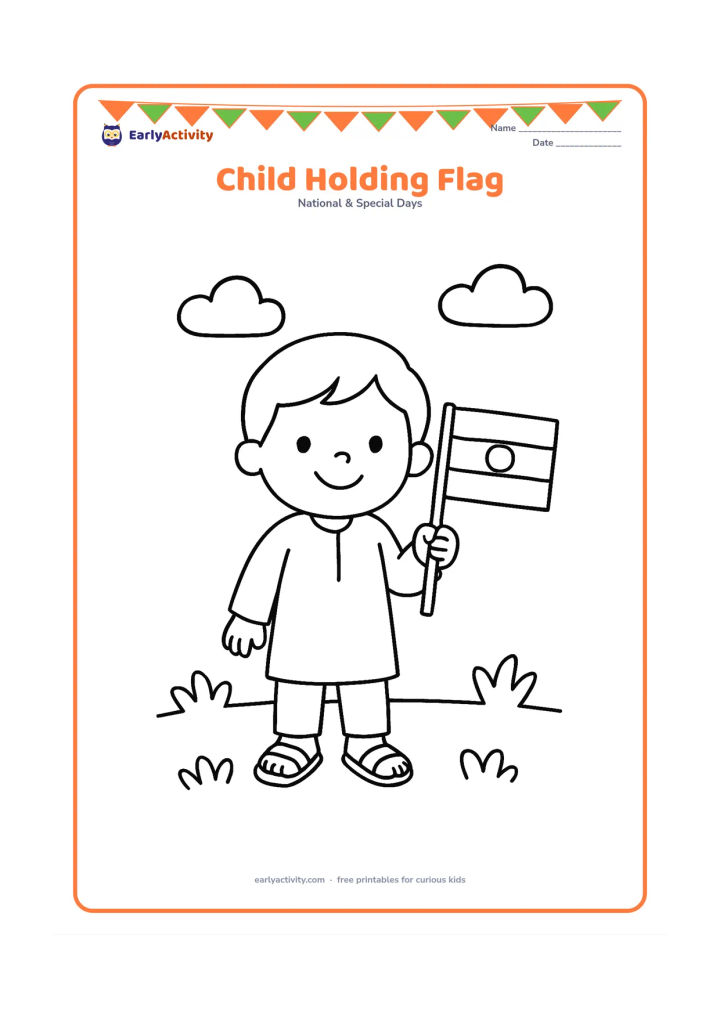 Colouring page: Draw a smiling young child standing and holding a small Indian flag upright. Include simple sandals, a plain kurta, two clouds and a few rounded grass tufts in the background.
