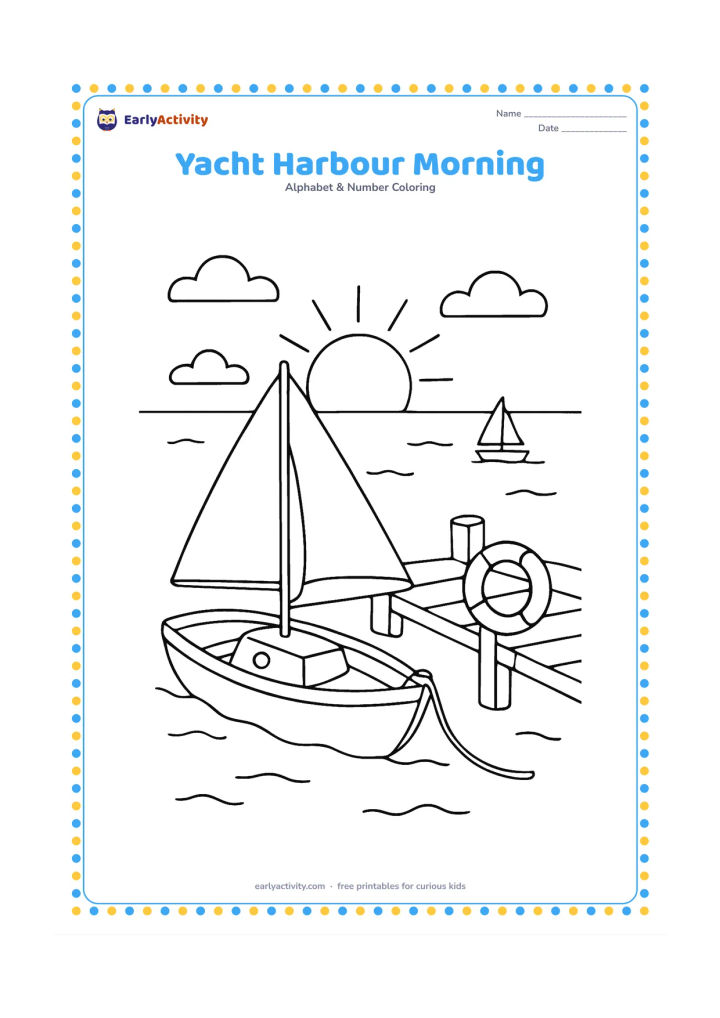 Colouring page: Draw a small yacht tied at a harbour, with a dock, a life ring, calm water, distant sailboats, and a rising sun.