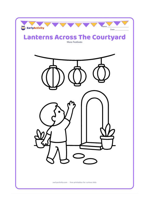 Colouring page: Draw three large lanterns hanging in a row across a small courtyard, with a child reaching up toward the lowest one. Add a doorway, two potted plants and a few ground stones.