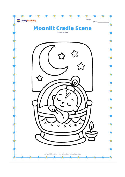 Colouring page: Draw a decorated cradle with baby Krishna inside beneath a large crescent moon and a few stars visible through an open window. Add a small lamp on the floor.