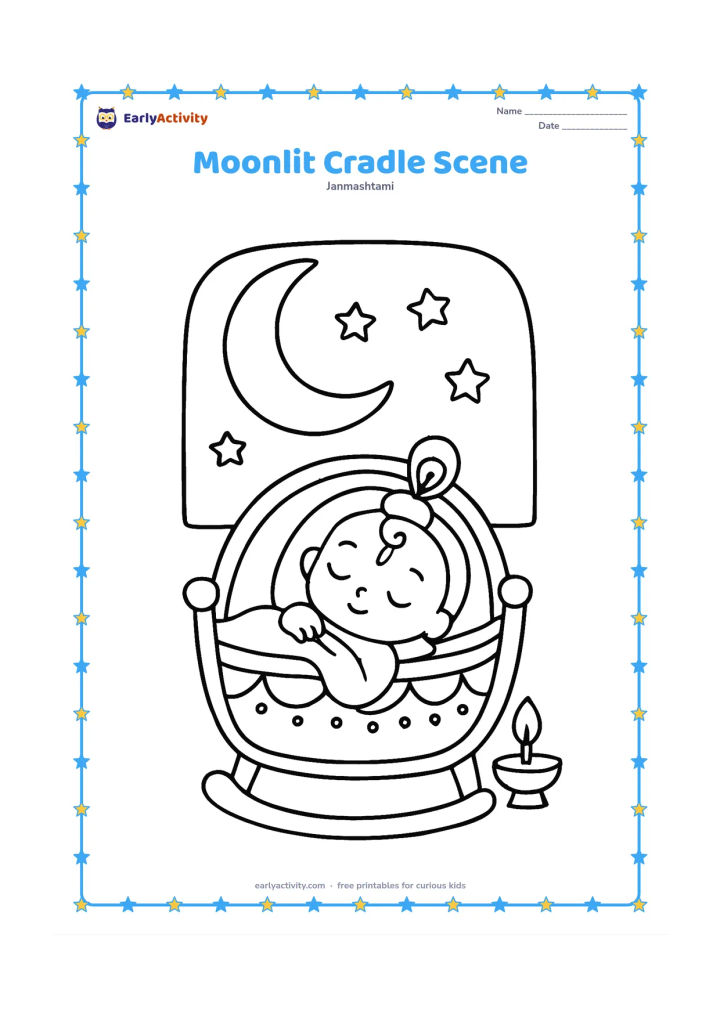 Colouring page: Draw a decorated cradle with baby Krishna inside beneath a large crescent moon and a few stars visible through an open window. Add a small lamp on the floor.
