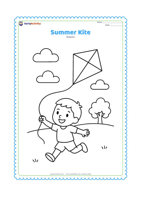 Colouring page: Draw one child flying a large diamond-shaped kite in an open field. Show the child running, a few clouds, two distant trees, and a long curved kite string.