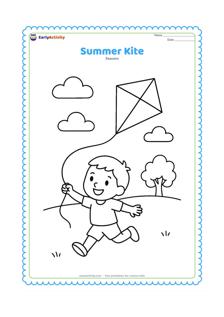 Colouring page: Draw one child flying a large diamond-shaped kite in an open field. Show the child running, a few clouds, two distant trees, and a long curved kite string.