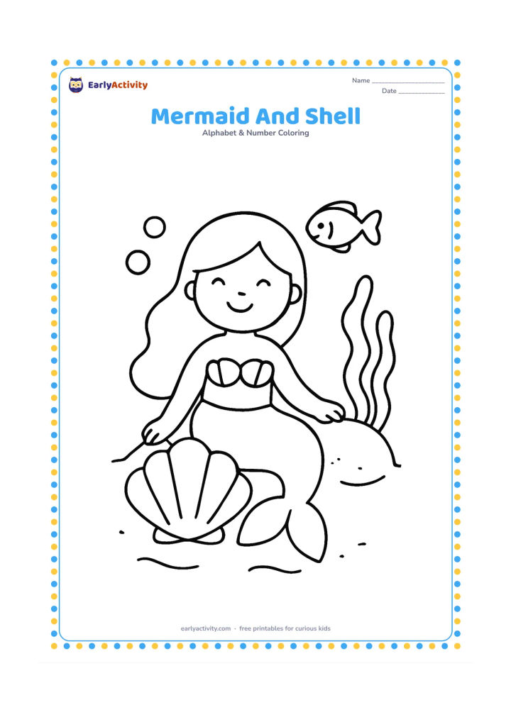 Colouring page: Draw a smiling mermaid sitting beside one large seashell on a sandy seabed, with two bubbles, seaweed and a small friendly fish nearby. Keep the pose calm and welcoming.