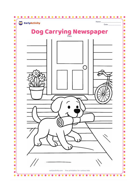 Colouring page: Draw a cheerful dog carrying a rolled, completely blank newspaper toward a home doorway in the morning. Add a porch, doormat, flower pots, steps, a bicycle, and long morning shadows.