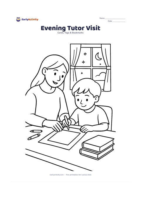 Worksheet: A tutor helps a child finish a handmade card at home in the evening, with a desk lamp, books, crayons, a window showing the moon and a large blank writing area on the card. Keep the room…