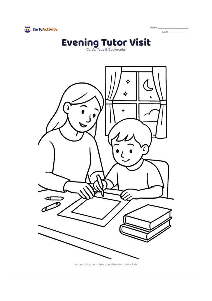 Worksheet: A tutor helps a child finish a handmade card at home in the evening, with a desk lamp, books, crayons, a window showing the moon and a large blank writing area on the card. Keep the room…