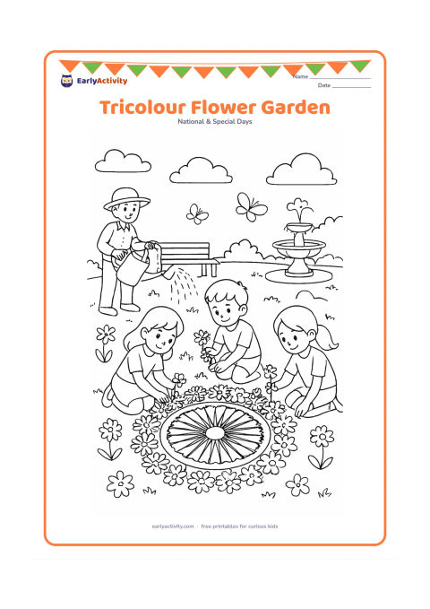 Colouring page: Draw children arranging saffron, white and green flowers into a large circular garden pattern around an Ashoka Chakra shape, while a gardener waters nearby plants. Include a park bench,…