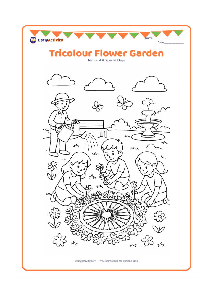 Colouring page: Draw children arranging saffron, white and green flowers into a large circular garden pattern around an Ashoka Chakra shape, while a gardener waters nearby plants. Include a park bench,…