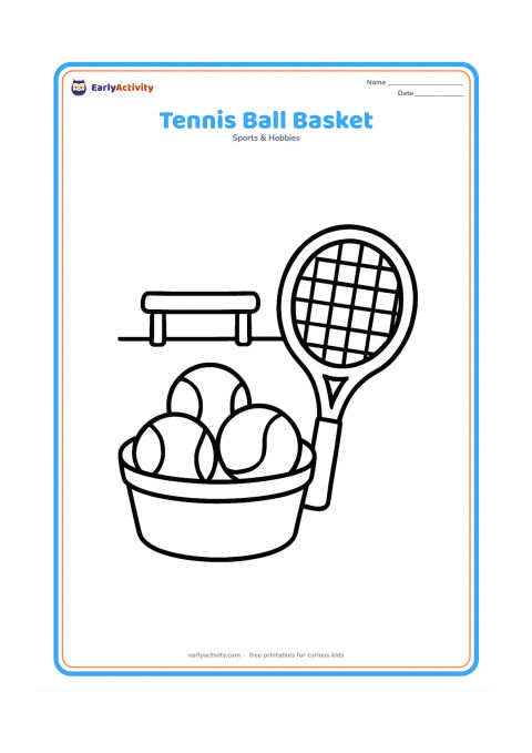 Colouring page: A low open basket containing three large tennis balls beside a simple racket on a plain court, with a small bench in the background.