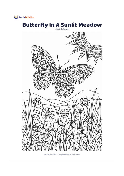 Colouring page: Show a butterfly flying over a meadow filled with tall grasses, daisies, clover, and distant rounded hills. Add a partial sun with radiating geometric rays in the upper corner and…