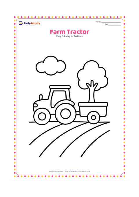 Colouring page: Draw a tractor slowly pulling one simple trailer across a farm field. Add three large crop rows, a tree and a cloud, with the tractor shown from the side.