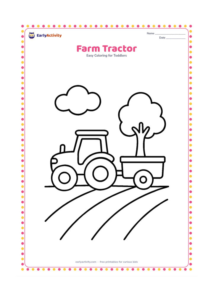 Colouring page: Draw a tractor slowly pulling one simple trailer across a farm field. Add three large crop rows, a tree and a cloud, with the tractor shown from the side.