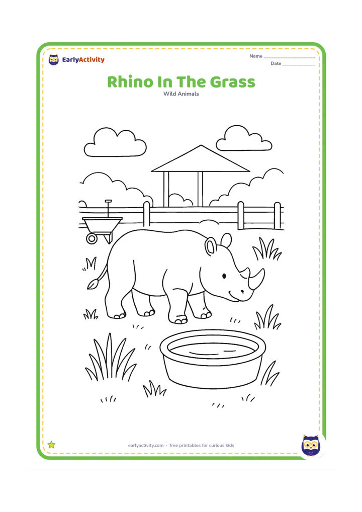 Colouring page: A rhinoceros walks calmly through a zoo grassland enclosure toward a fresh water trough. Add a keeper's small wheelbarrow outside the fence, a shade shelter and several tall grasses.