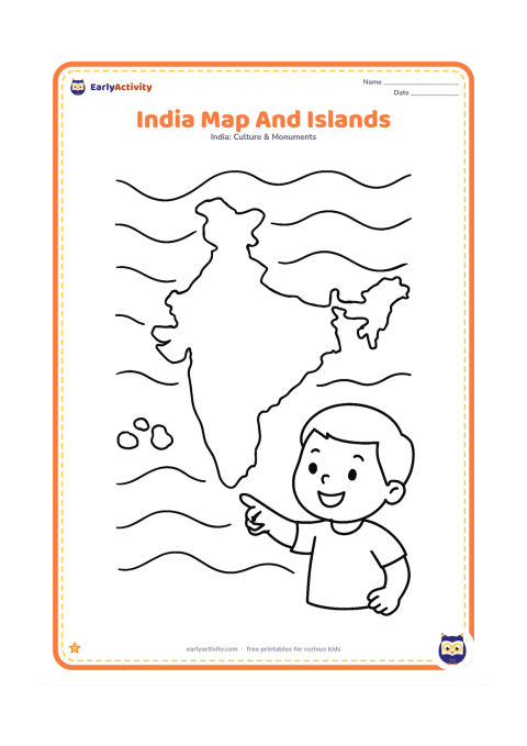 Colouring page: Place a large India outline in the middle with two simple clusters of detached island shapes to either side, surrounded by large rounded wave lines. Add a smiling child pointing toward…