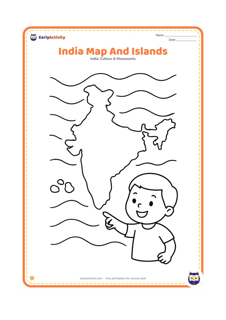Colouring page: Place a large India outline in the middle with two simple clusters of detached island shapes to either side, surrounded by large rounded wave lines. Add a smiling child pointing toward…