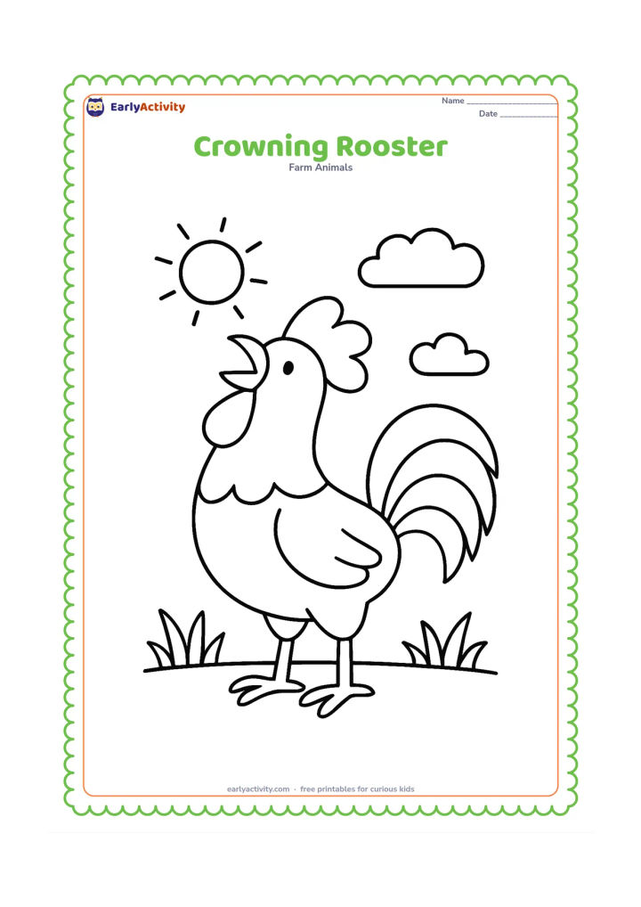 Colouring page: Draw a large rooster standing upright with its beak open as if crowing. Add a small sun, two clouds and a few simple blades of grass behind it.