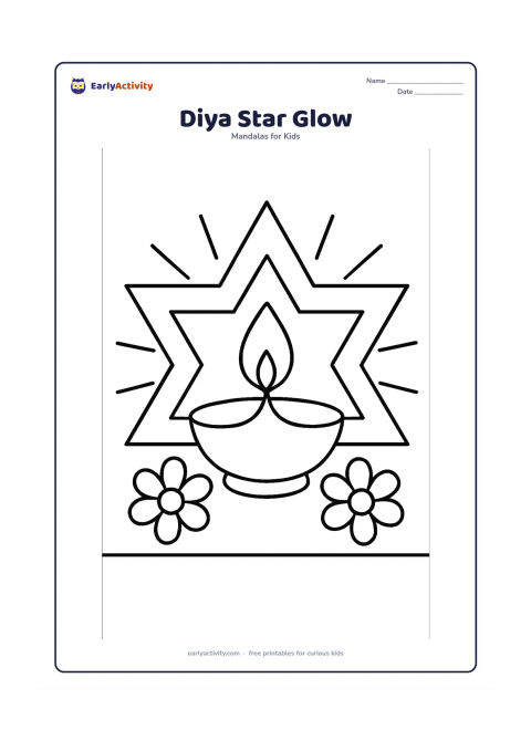 Colouring page: Draw a large six-point star mandala behind one simple oil lamp, with broad curved rays spreading outward. Add two large flower shapes and a plain floor line beneath the lamp.